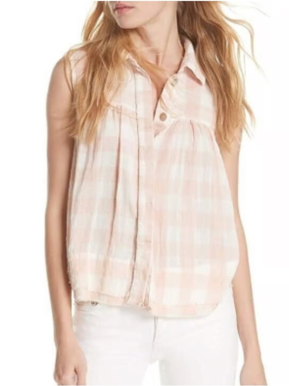 Free People Pink Plaid Hey There Sunrise Button Front Shirt Size S